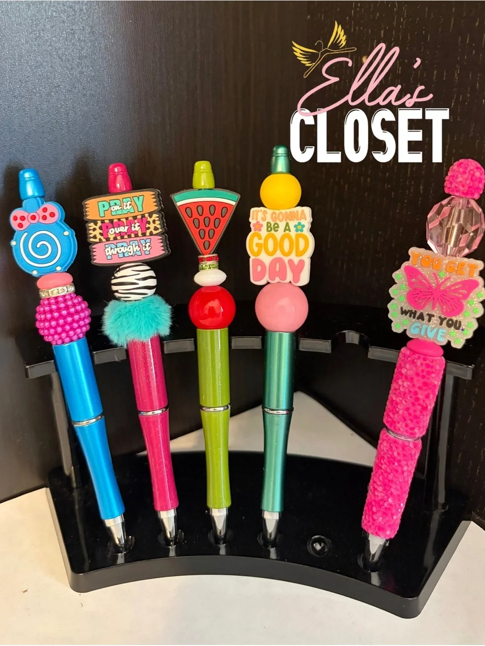Decorative Set of 5 Bead Top Pens - Multi-Color Cute Character Tops